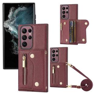 For Samsung Galaxy S22 Ultra DF-09 Crossbody Litchi texture Card Bag Design PU Phone Case(Wine Red)