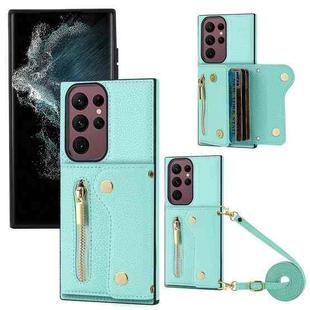 For Samsung Galaxy S22 Ultra DF-09 Crossbody Litchi texture Card Bag Design PU Phone Case(Cyan)