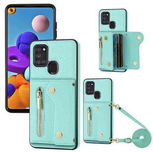 For Samsung Galaxy A21S DF-09 Crossbody Litchi texture Card Bag Design PU Phone Case(Cyan)