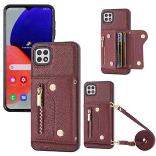 For Samsung Galaxy A22 5G DF-09 Crossbody Litchi texture Card Bag Design PU Phone Case(Wine Red)