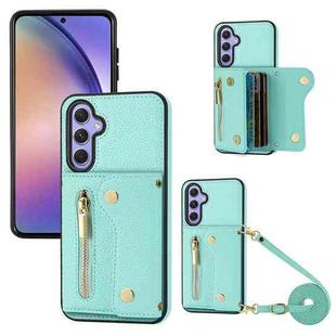 For Samsung Galaxy A55 DF-09 Crossbody Litchi texture Card Bag Design PU Phone Case(Cyan)