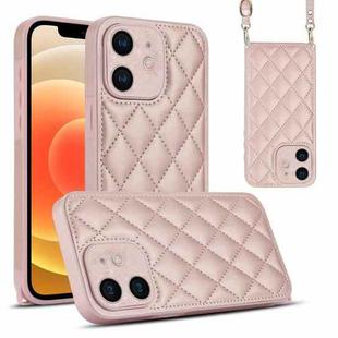 For iPhone 12 Rhombic Texture Phone Case with Dual Lanyard(Rose Gold)