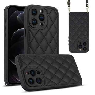 For iPhone 12 Pro Rhombic Texture Phone Case with Dual Lanyard(Black)