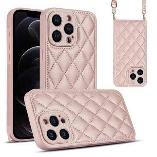 For iPhone 12 Pro Rhombic Texture Phone Case with Dual Lanyard(Rose Gold)