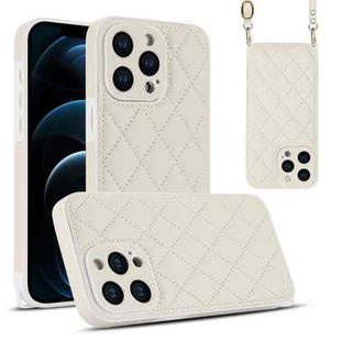 For iPhone 12 Pro Max Rhombic Texture Phone Case with Dual Lanyard(White)
