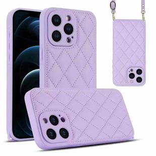For iPhone 12 Pro Max Rhombic Texture Phone Case with Dual Lanyard(Purple)