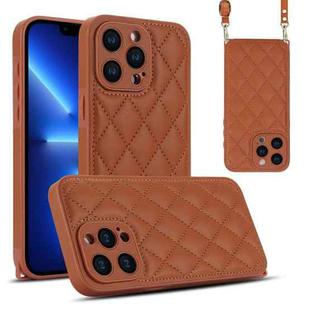 For iPhone 13 Pro Rhombic Texture Phone Case with Dual Lanyard(Brown)