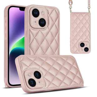 For iPhone 14 Rhombic Texture Phone Case with Dual Lanyard(Rose Gold)