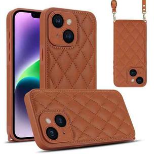 For iPhone 14 Rhombic Texture Phone Case with Dual Lanyard(Brown)