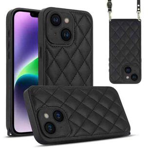 For iPhone 14 Plus Rhombic Texture Phone Case with Dual Lanyard(Black)