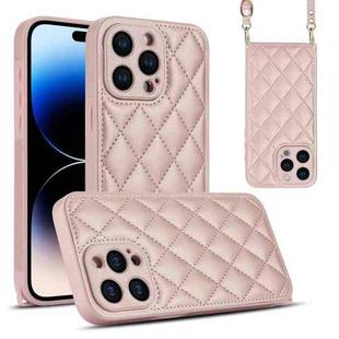 For iPhone 14 Pro Rhombic Texture Phone Case with Dual Lanyard(Rose Gold)