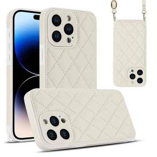 For iPhone 14 Pro Max Rhombic Texture Phone Case with Dual Lanyard(White)