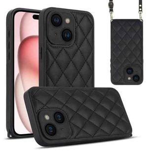 For iPhone 15 Rhombic Texture Phone Case with Dual Lanyard(Black)