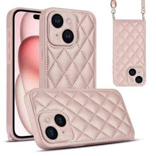 For iPhone 15 Rhombic Texture Phone Case with Dual Lanyard(Rose Gold)