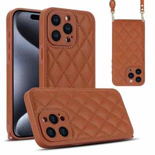 For iPhone 15 Pro Rhombic Texture Phone Case with Dual Lanyard(Brown)