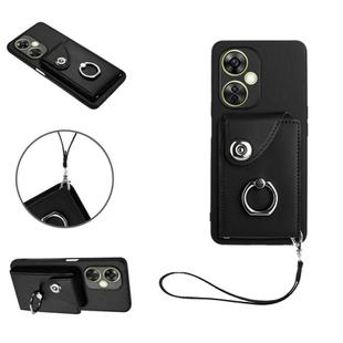 For OnePlus Nord CE 3 Lite Organ Card Bag Ring Holder PU Phone Case with Lanyard(Black)
