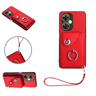 For OnePlus Nord CE 3 Lite Organ Card Bag Ring Holder PU Phone Case with Lanyard(Red)