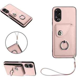 For OPPO A17 Global Organ Card Bag Ring Holder PU Phone Case with Lanyard(Pink)