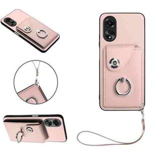 For OPPO A58 4G Global Organ Card Bag Ring Holder PU Phone Case with Lanyard(Pink)