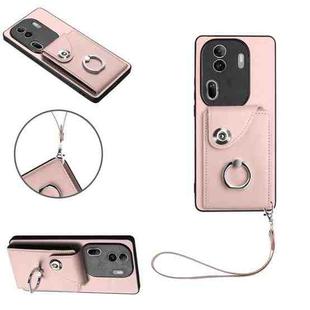 For OPPO Reno11 Pro Global Organ Card Bag Ring Holder PU Phone Case with Lanyard(Pink)