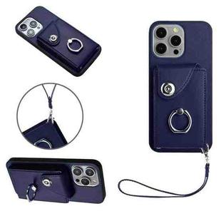 For iPhone 15 Pro Organ Card Bag Ring Holder PU Phone Case with Lanyard(Blue)