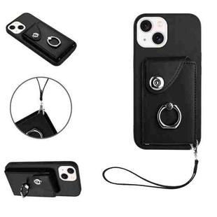 For iPhone 15 Organ Card Bag Ring Holder PU Phone Case with Lanyard(Black)
