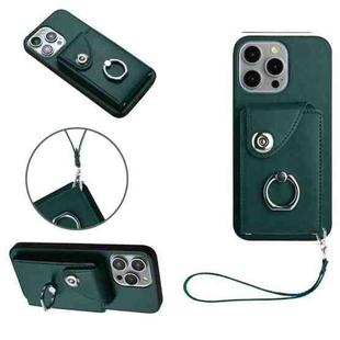 For iPhone 14 Pro Organ Card Bag Ring Holder PU Phone Case with Lanyard(Green)