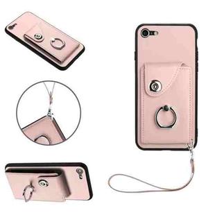 For iPhone SE 2022/SE 2020/6/7/8 Organ Card Bag Ring Holder PU Phone Case with Lanyard(Pink)