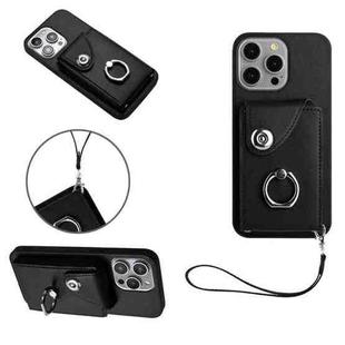 For iPhone 13 Pro Organ Card Bag Ring Holder PU Phone Case with Lanyard(Black)