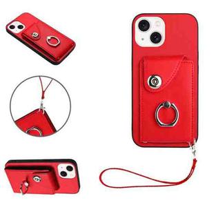 For iPhone 13 Organ Card Bag Ring Holder PU Phone Case with Lanyard(Red)