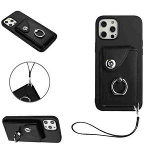 For iPhone 12 Organ Card Bag Ring Holder PU Phone Case with Lanyard(Black)