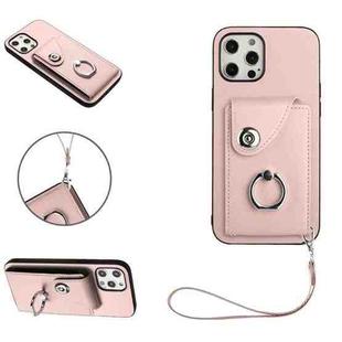 For iPhone 12 Pro Organ Card Bag Ring Holder PU Phone Case with Lanyard(Pink)