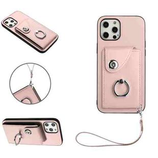 For iPhone 12 mini Organ Card Bag Ring Holder PU Phone Case with Lanyard(Pink)