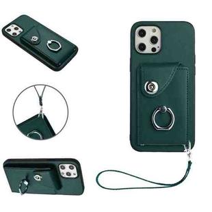 For iPhone 12 mini Organ Card Bag Ring Holder PU Phone Case with Lanyard(Green)