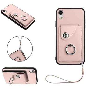 For iPhone XR Organ Card Bag Ring Holder PU Phone Case with Lanyard(Pink)