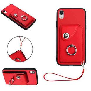 For iPhone XR Organ Card Bag Ring Holder PU Phone Case with Lanyard(Red)