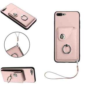 For iPhone 8 Plus / 7 Plus Organ Card Bag Ring Holder PU Phone Case with Lanyard(Pink)
