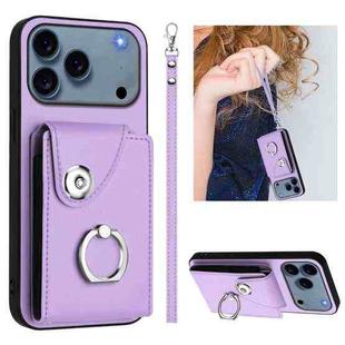 For iPhone 17 Pro Max Organ Card Bag Ring Holder PU Phone Case with Lanyard(Purple)