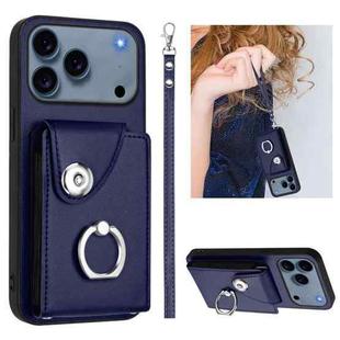 For iPhone 17 Pro Organ Card Bag Ring Holder PU Phone Case with Lanyard(Blue)