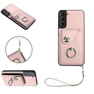 For Samsung Galaxy S22 5G Organ Card Bag Ring Holder PU Phone Case with Lanyard(Pink)