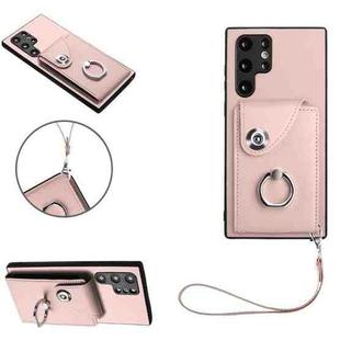 For Samsung Galaxy S22 Ultra 5G Organ Card Bag Ring Holder PU Phone Case with Lanyard(Pink)
