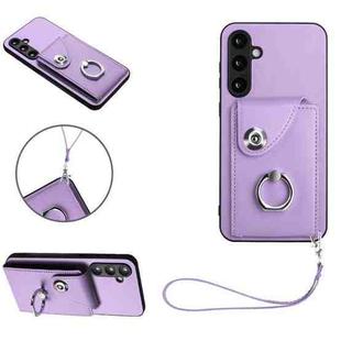 For Samsung Galaxy S23 FE 5G Organ Card Bag Ring Holder PU Phone Case with Lanyard(Purple)