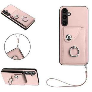 For Samsung Galaxy S23 FE 5G Organ Card Bag Ring Holder PU Phone Case with Lanyard(Pink)