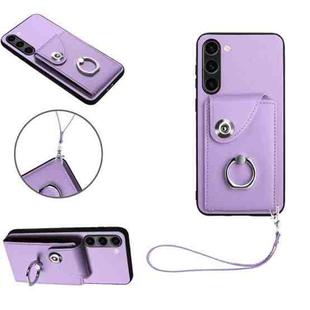 For Samsung Galaxy S23 5G Organ Card Bag Ring Holder PU Phone Case with Lanyard(Purple)