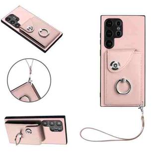 For Samsung Galaxy S24 Ultra 5G Organ Card Bag Ring Holder PU Phone Case with Lanyard(Pink)