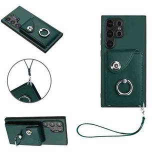 For Samsung Galaxy S24 Ultra 5G Organ Card Bag Ring Holder PU Phone Case with Lanyard(Green)