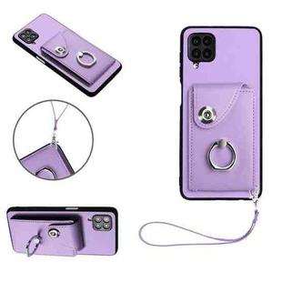 For Samsung Galaxy A12 Organ Card Bag Ring Holder PU Phone Case with Lanyard(Purple)
