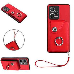 For Xiaomi Redmi Note 12 Pro+ 5G Global Organ Card Bag Ring Holder PU Phone Case with Lanyard(Red)