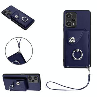 For Xiaomi Poco F5 5G/Redmi Note 12 Turbo Organ Card Bag Ring Holder PU Phone Case with Lanyard(Blue)