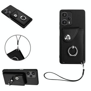 For Xiaomi Poco F5 5G/Redmi Note 12 Turbo Organ Card Bag Ring Holder PU Phone Case with Lanyard(Black)